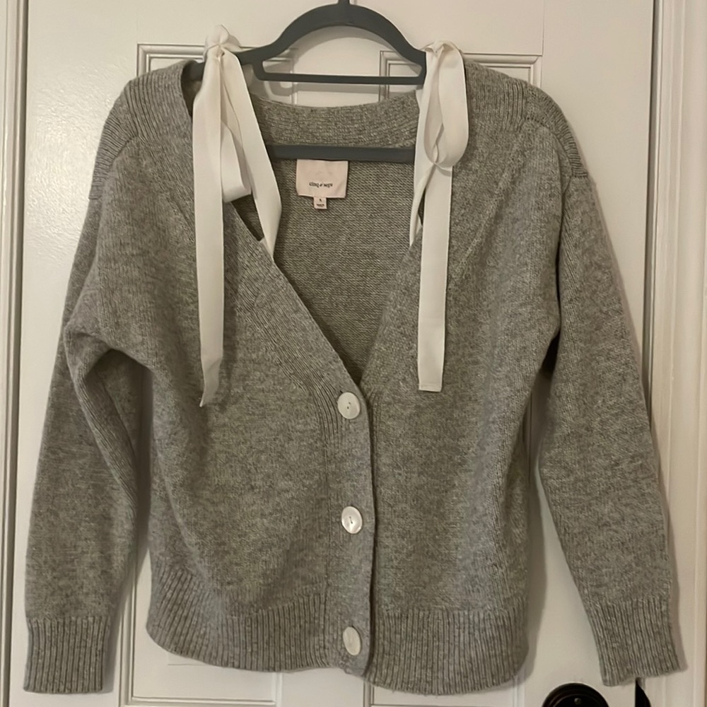 Off The Shoulder Knit Cardigan with White Woven Ties